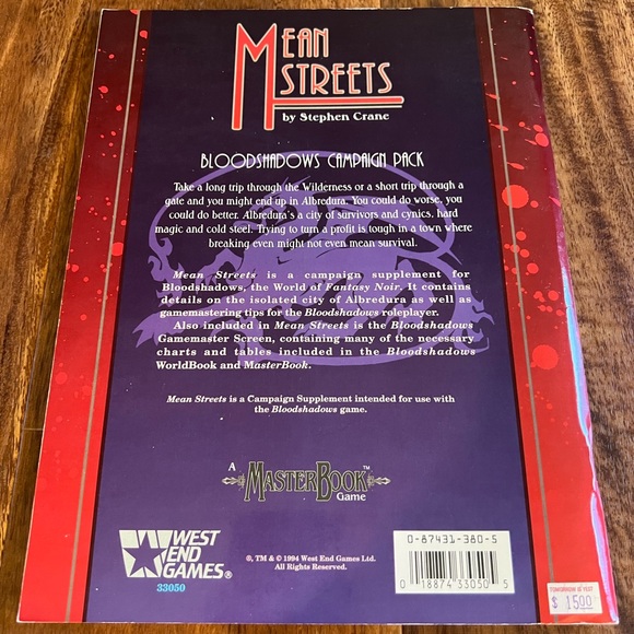 Mean Streets Bloodshadows RPG Campaign Pack A MasterBook Game West End Games - Picture 2 of 2